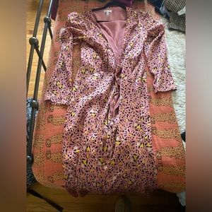 Pink Leopard Print Long Sleeve Satin Midi Wrap Dress